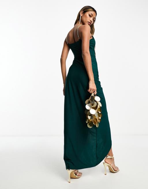 AX Paris - Vestito lungo avvolgente verde smeraldo con spalline a catenina, 2 di 4