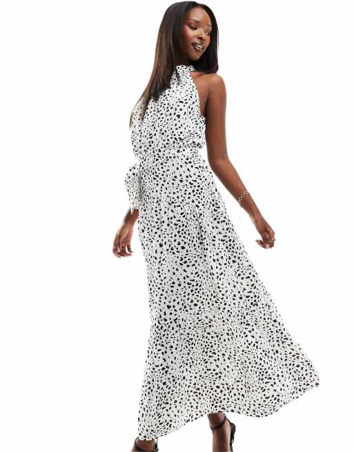 AX Paris - Vestito lungo con allacciatura al collo e in vita bianco a pois