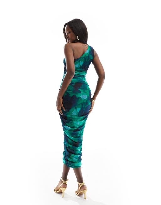 AX Paris - Vestito lungo monospalla arricciato in rete con stampa verde sfumata, 4 di 4