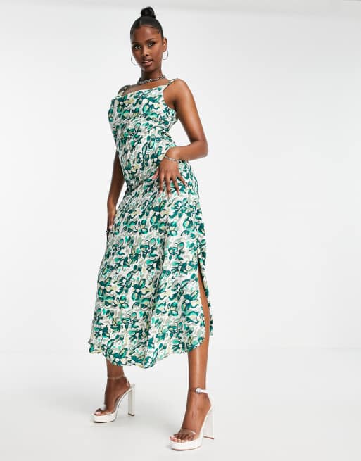 AX Paris - Vestito lungo verde a fiori anni '70 con scollo ad anello
