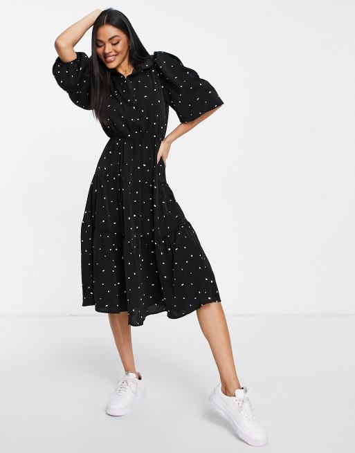AX Paris - Vestito midi a balze con maniche a sbuffo nero a pois