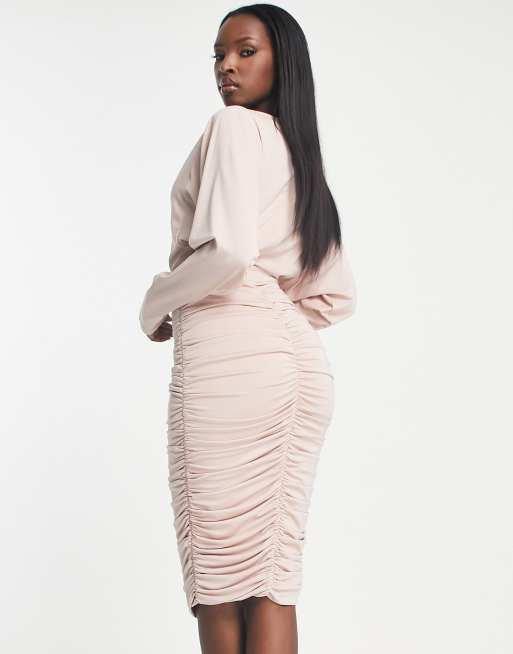 AX Paris - Vestito midi arricciato rosa tenue con maniche ad ali di pipistrello, 2 di 4