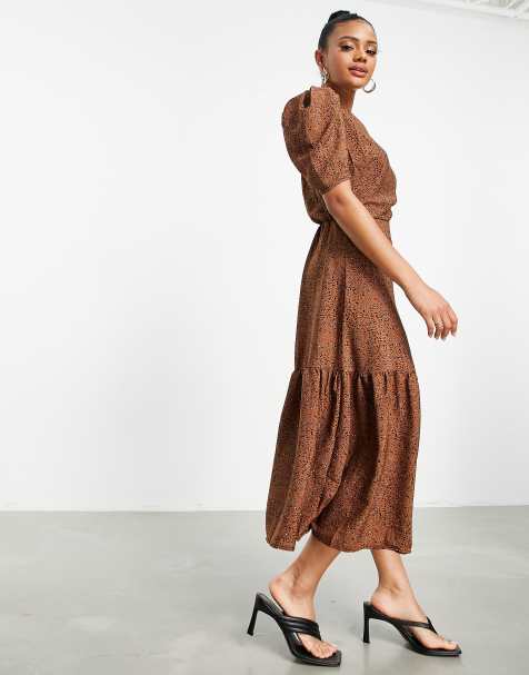 AX Paris - Vestito midi con scollo rotondo marrone a pois - view 1