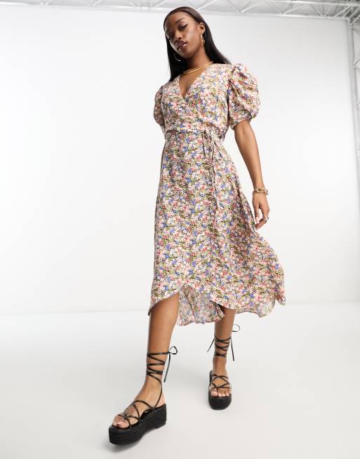 AX Paris - Vestito midi rosa a fiori con maniche a sbuffo
