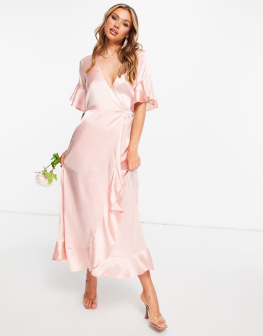 BLUSH SATIN RUFFLE FRONT MAXI DRESS