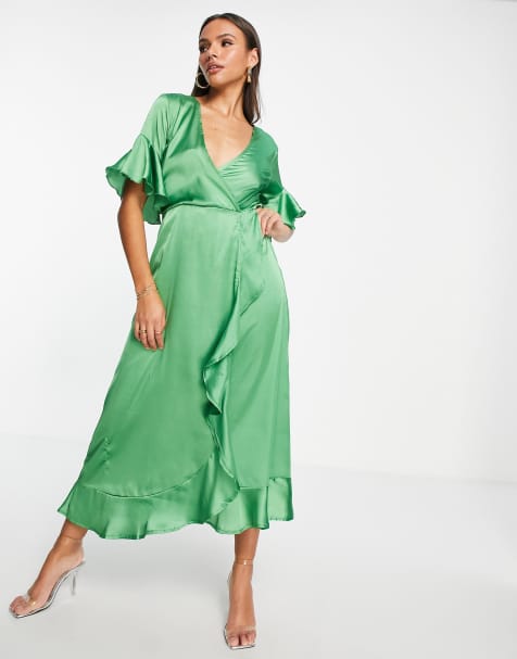 AX Paris wedding guest satin wrap midi dress in green - view 1