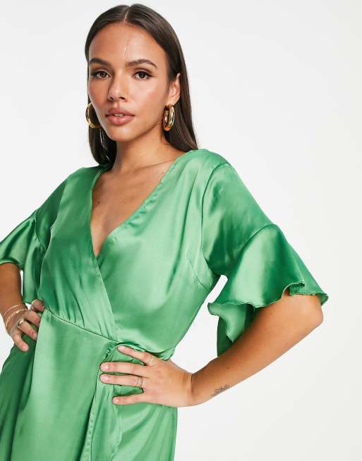 AX Paris wedding guest satin wrap midi dress in green