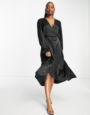 Ax Paris Wrap Front Midi Dress In Black ModeSens