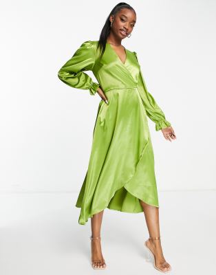 Ax Paris Wrap Front Midi Dress In Green ModeSens