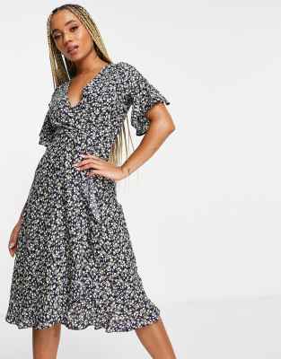 AX Paris wrap midi dress in black ditsy ...