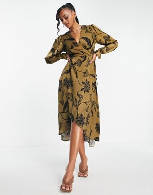 AX Paris wrap midi dress in gold and black floral