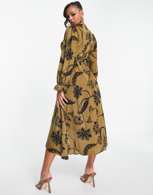 AX Paris wrap midi dress in gold and black floral