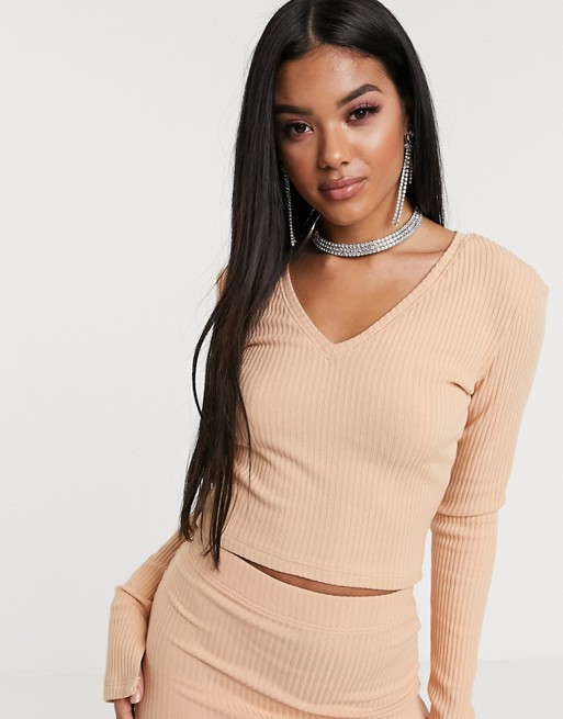 AYM Premium ribbed knitted top with fluted sleeve detail in orange