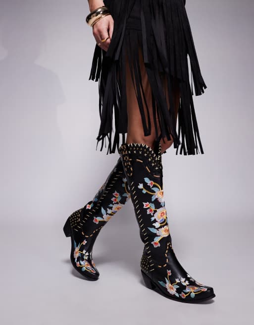 Azaela Wang Phineas floral embroidered western boots in black | ASOS