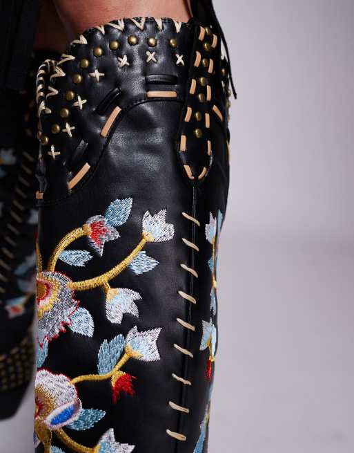 Azaela Wang Phineas floral embroidered western boots in black | ASOS