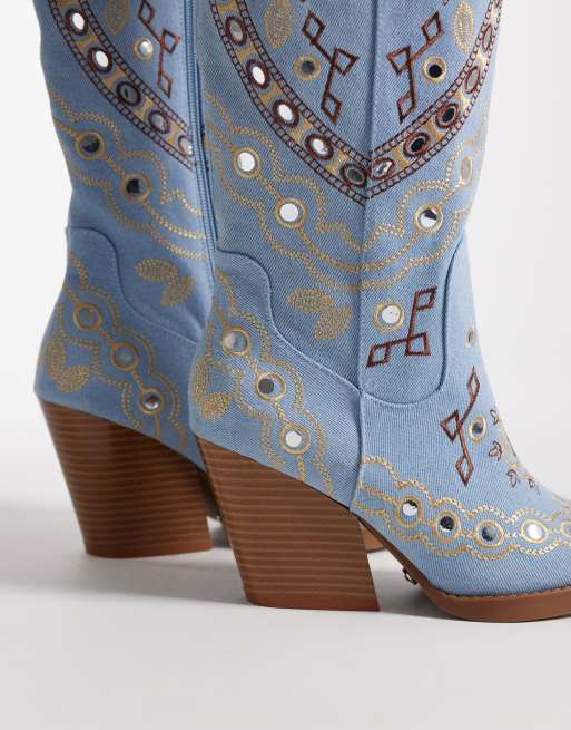 Azalea Wang Aamina embellished western knee boot in blue denim, 4 of 4