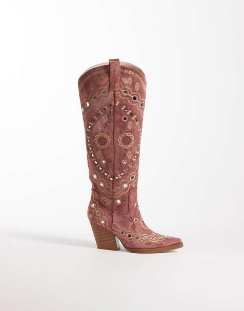 Azalea Wang – Aamina – Verzierte, kniehohe Westernstiefel in Rosa - view 1
