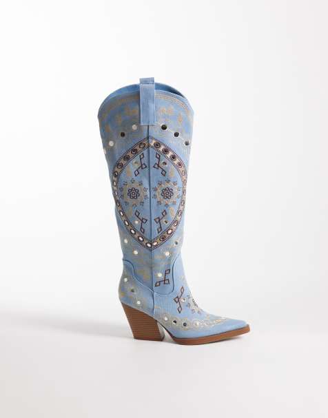 Azalea Wang - Aamina - Western knielaarzen met versiering in blauw denim - view 1