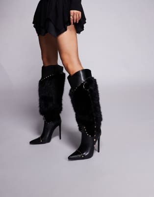 Azalea Wang - Alistair - Kniehohe Stiefel in Schwarz mit Kunstpelzbesatz und Stiletto-Absatz