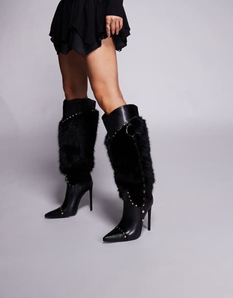 Azalea Wang – Alistair – Kniehohe Stiefel in Schwarz mit Kunstpelzbesatz und Stiletto-Absatz - view 1