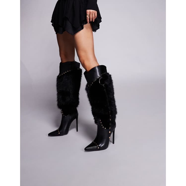 Azalea Wang Alistair stiletto heel knee boots with faux fur in