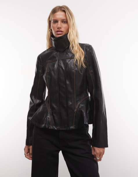 Azalea Wang Ally peplum biker jacket in black PU - view 1