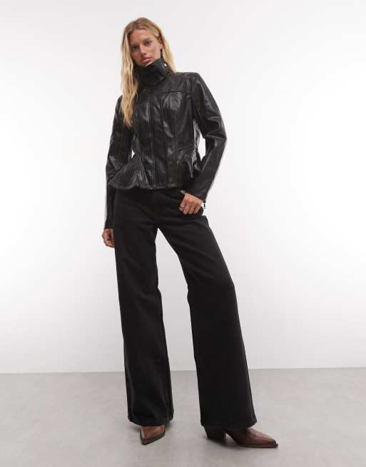 Azalea Wang Ally peplum biker jacket in black PU, 2 of 4