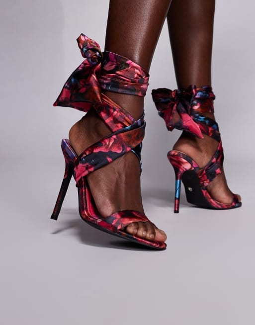 Azalea Wang Alzon wrap leg heeled sandals in red flowers, 3 of 4