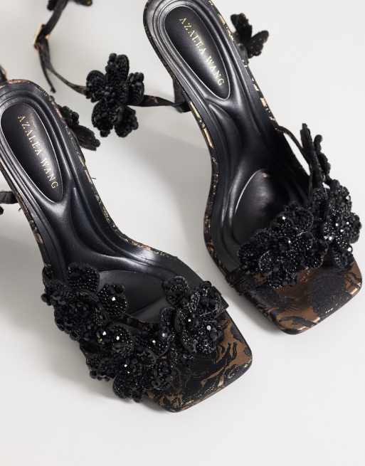 Azalea Wang Anastasia high heeled sandals with embellished flowers in bronze, 3 of 4