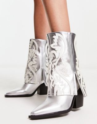 Azalea Wang Annabelle foldover western boot in silver - ASOS Price Checker