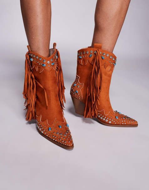 Azalea Wang Anorak embellished tassel western boots in orange - view 1