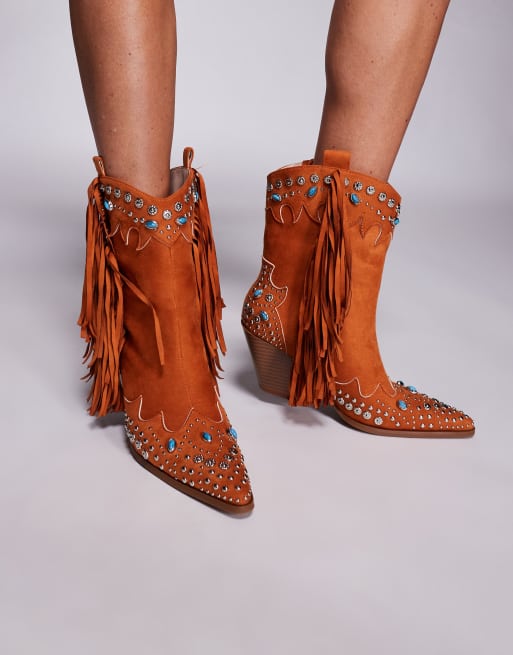 Azalea Wang – Anorak – Orange boots i cowboystil med utsmyckning och fransar