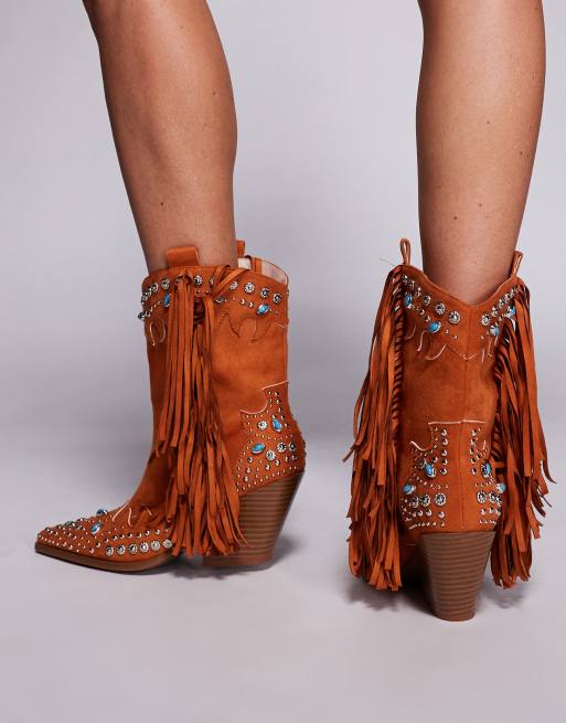 Azalea Wang – Anorak – Westernstiefel in Orange mit Quastenverzierung, 4 von 4
