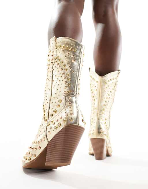 Azalea Wang Appease embellished western boot in gold ASOS