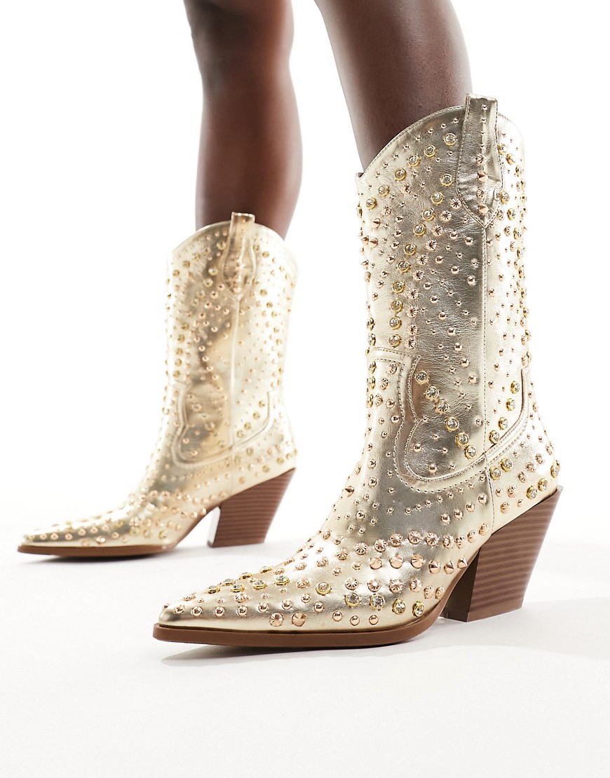 Azalea Wang Appease Embellished Western Boots In Gold