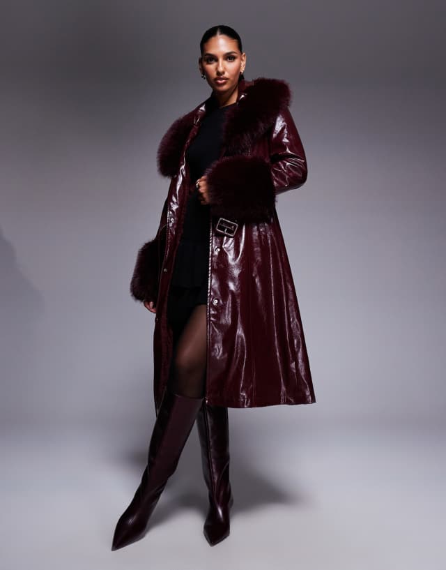 Azalea Wang Asher trench coat with faux fur trim in burgundy PU | ASOS