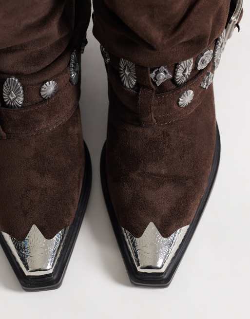 Azalea Wang Ashraf slouchy embellished western ankle boot in brown suede, 2 of 4