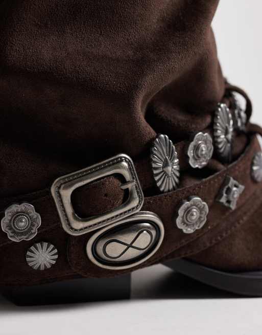 Azalea Wang Ashraf slouchy embellished western ankle boot in brown suede, 3 of 4