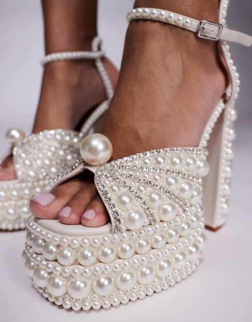Azalea Wang Astrella pearl embellished platform heeled sandals in