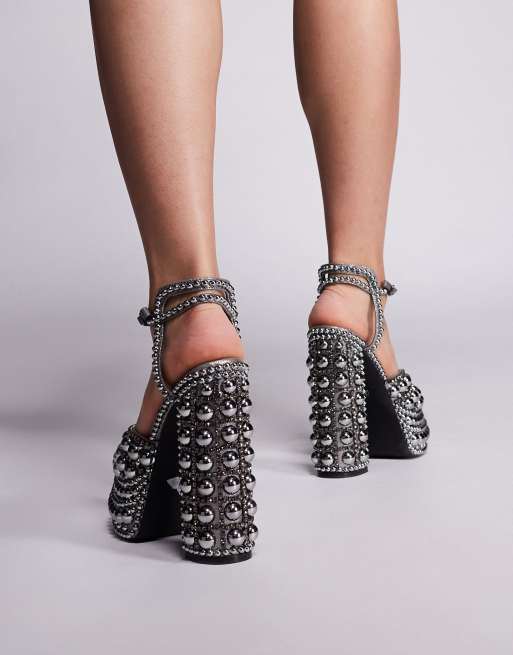 Azalea Wang - Astrella - Sandales à talon avec perles et semelle plateforme - Anthracite, 2 de 4