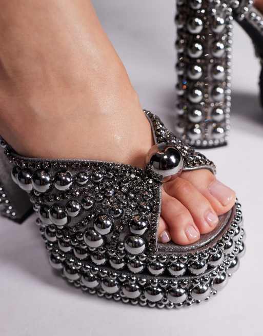 Azalea Wang - Astrella - Sandales à talon avec perles et semelle plateforme - Anthracite, 3 de 4