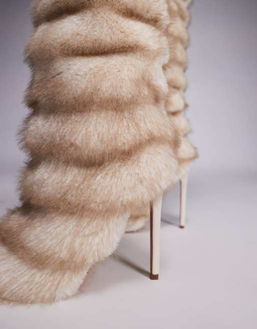 Azalea Wang Augusto stiletto heel faux fur knee boots in beige