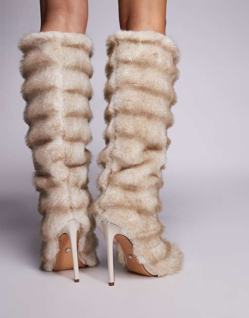 Azalea Wang Augusto stiletto heel faux fur knee boots in beige, 3 of 4