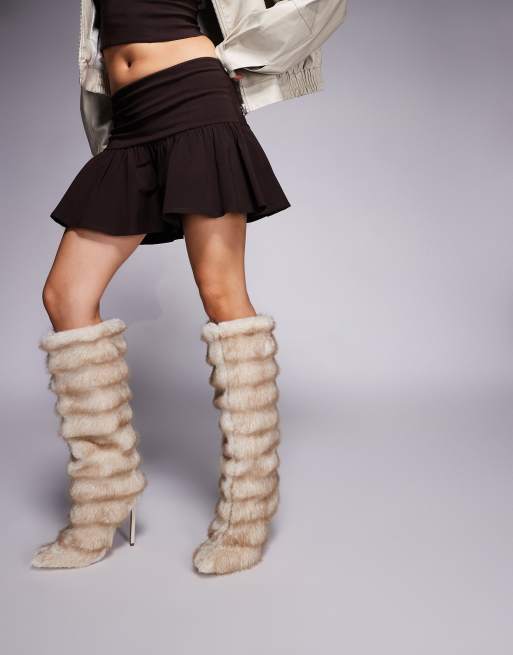 Azalea Wang Augusto stiletto heel faux fur knee boots in beige