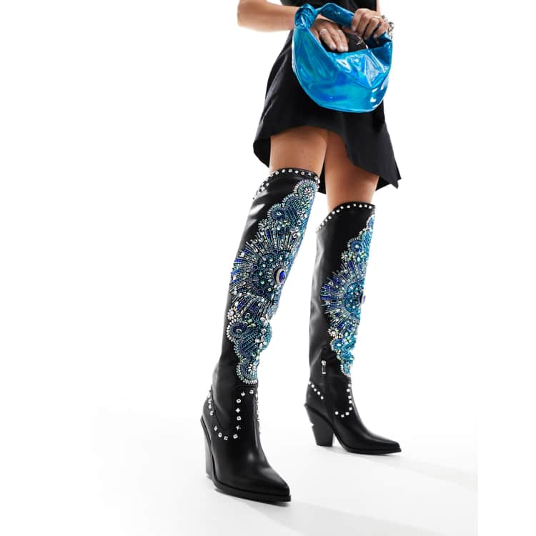 Azalea Wang Axelbeat embellished front western boot in black