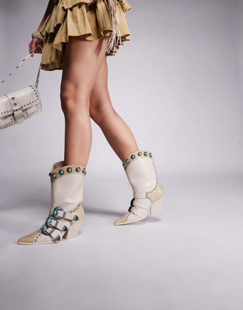 Azalea Wang Balmoral studded western boots with buckles in beige - view 1