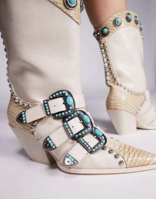 Azalea Wang Balmoral Studded Western Boots With Buckles In Multi