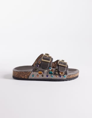  Bayleaves embellished flat sandals in pewter