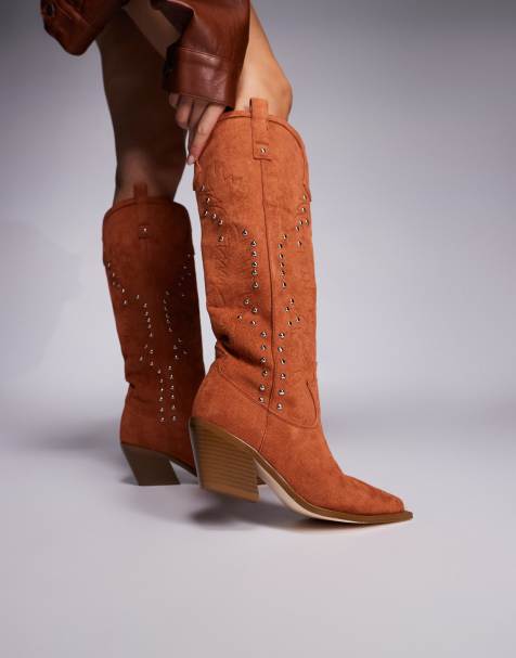 Azalea Wang – Beckett – Ljusbruna knähöga boots i cowboystil - view 1