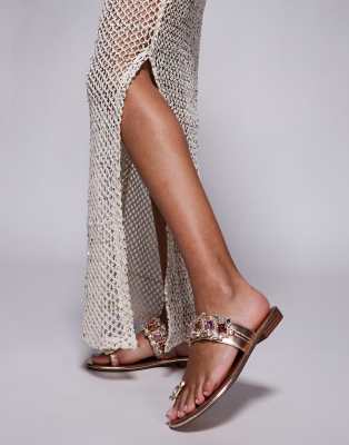 [AZALEA WANG] Azalea Wang Belva embellished toe thong flat sandals in rose gold-Pink 39 PINK